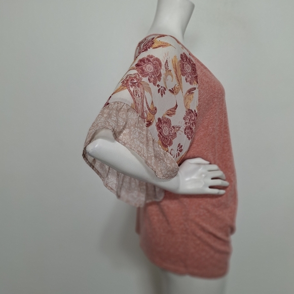 Tru Self Coquette Peach Cream Floral Ruffle Sleeves Twist Front Blouse Size XL - Picture 10 of 14